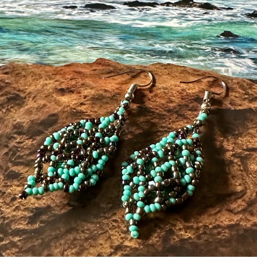 Handcrafted Turquoise and Black Beaded Earrings - Picture 4 of 5